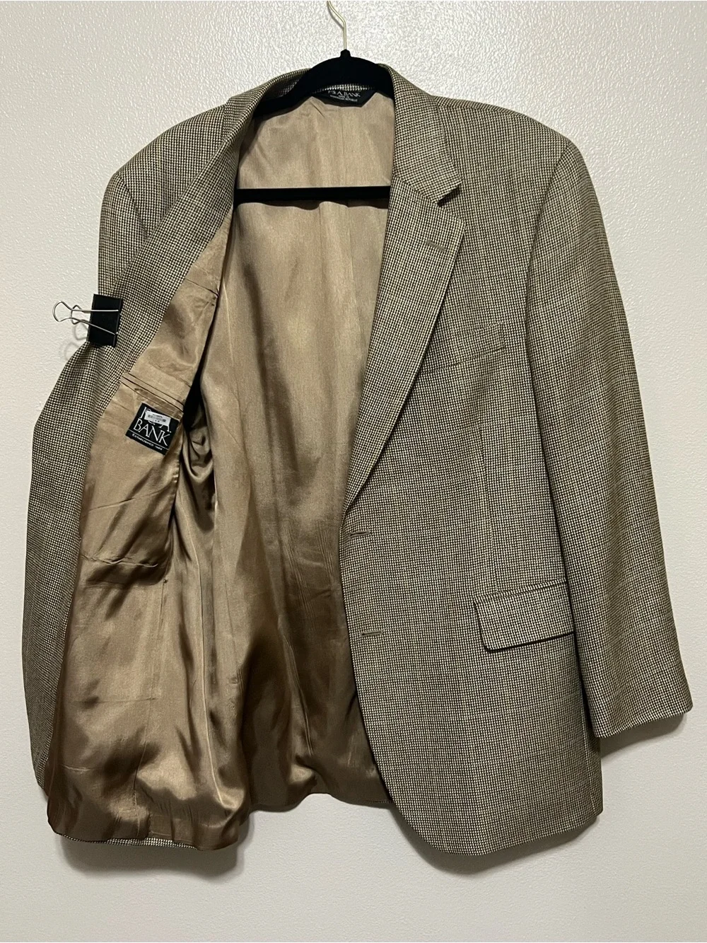 Jos. A Bank Blazer Tan Beige Houndstooth Windowpane Wool Sport Coat 43R Men's